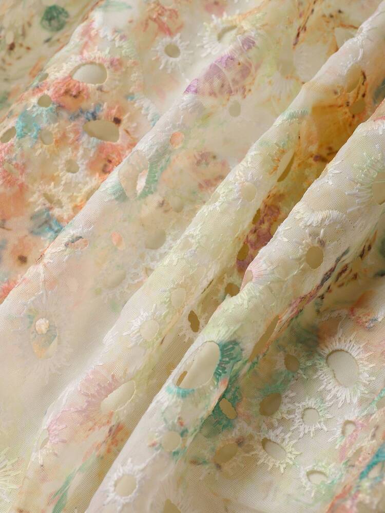 Summer Women's Tie Dye Burnt-Out Flower Embroidery Bandeau Dress With Ruffled Hem