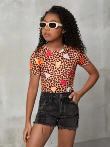 SHEIN 少女日常休閒愛心波點印花短袖圓領T恤，適用於春夏季節 - 彩色 - 查看 3