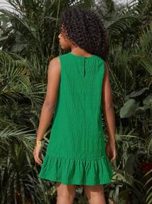 SHEIN SLAYR KIDS Tween Girls' Holiday & Leisure Spaghetti Strap Dress With Ruffle Trim And Solid Color, Spring & Summer - Green - View 2