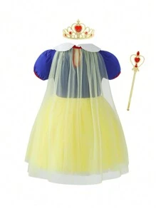 SHEIN Glamorique Kids Young Girl Colorblock Mesh Princess Dress With Bubble Sleeves Summer Holiday