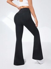 Daily&Casual Slanted Pocket Flared Sports Pants With V-Shaped Waistline