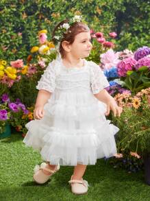 SHEIN Babymädchens niedliches Spitzen- & Netz-Kontrast Rüschen-Saum Kurzarm Kleid - Weiss - Übersicht 5