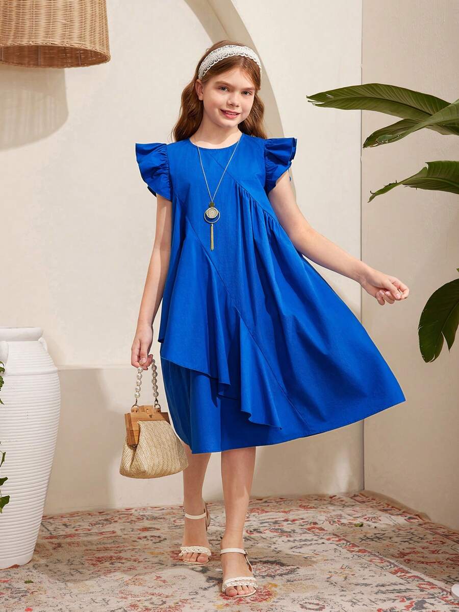 SHEIN Leap Crew Tween Girls' Loose Cute Cap Sleeves Round Neck Asymmetrical Ruffle Hem A-Line Dress - Blue - View 1