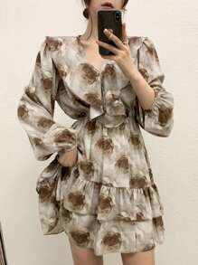 DAZY Vestido de mujer con mangas farol y estampado floral, cuello con volantes, vestidos casuales de mujer, vestido largo de manga larga para otoño