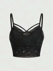 ROMWE Goth Women's V-Neck Black Lace Slim Fit Camisole Top Graphic Tees Women Tops