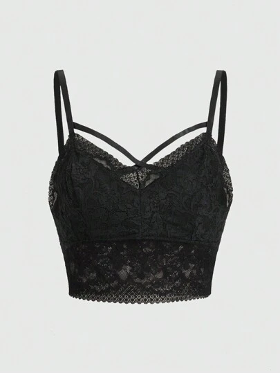 ROMWE Goth Women's V-Neck Black Lace Slim Fit Camisole Top Graphic Tees Women Tops