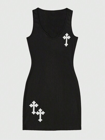 Grunge Punk Cross Embroidery Ribbed Tank Dress, School