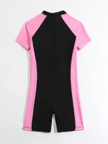 Tween Girl Color Block Short Sleeve One Piece Swimsuit With Letter Printing - Multicolor - View 2