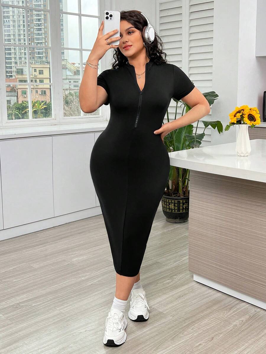 SHEIN EZwear 大尺碼純色拉鍊衣領修身連衣裙 - 黑色 - 查看 1