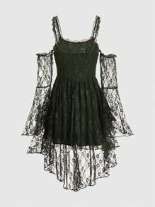 ROMWE Fairycore Contrast Lace Cold Shoulder Dress - Dark Green - View 2