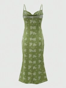 ROMWE Fairycore 小碎花垂墜吊帶連衣裙 - 綠色 - 查看 2