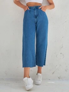 女性皺摺寬鬆牛仔膝蓋褲 - 中等水洗藍 - 查看 3