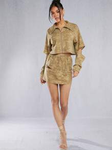 SHEIN Unity 女款鏤空長袖前拉鍊外套與迷你裙套裝