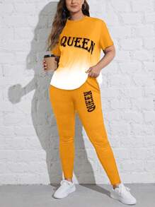 Flirla Plus Size Gradient Letter Printing Short Sleeve Top And Leggings - Yellow - View 1