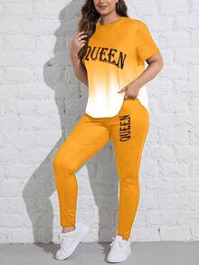 Flirla Plus Size Gradient Letter Printing Short Sleeve Top And Leggings - Yellow - View 4