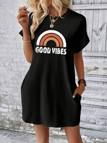 INAWLY Rainbow & Letter Print Short Sleeve Dress - Black - View 5