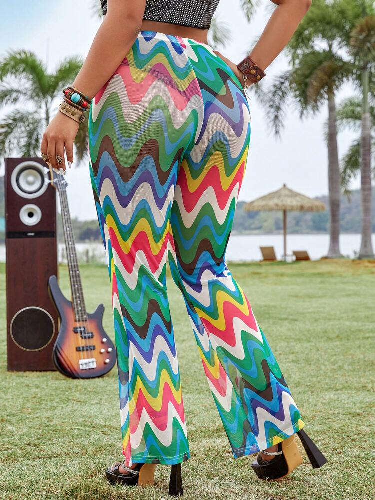 Plus Size Wave Striped Print Flare Leg Pants Fall Cloth For Women