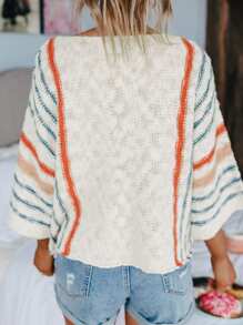 女士条纹细节宽袖轻质针织毛衣