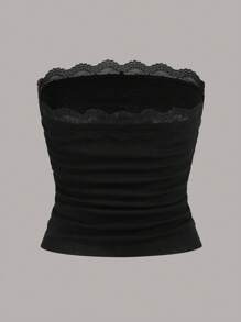 SHEIN EZwear Dệt kim Của phụ nữ Ren Quây Chặt Áo - màu nâu - Xem 5