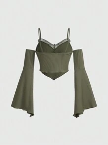 ROMWE Fairycore Loại bướm Đèn treo tường Vai lạnh Viền khăn tay Áo - xanh quân đội - Xem 2