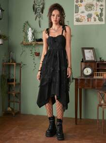 ROMWE Fairycore Thêu Bướm Nếp uốn Viền không đối xứng Váy Dây - màu đen - Xem 6