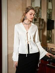 GENKIRA Women\ Shirt With Bow Tie And Textured Fabric - Apricot - View 4