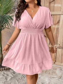 Celure 大尺碼純色V領束腰連衣裙 - 粉色 - 查看 1