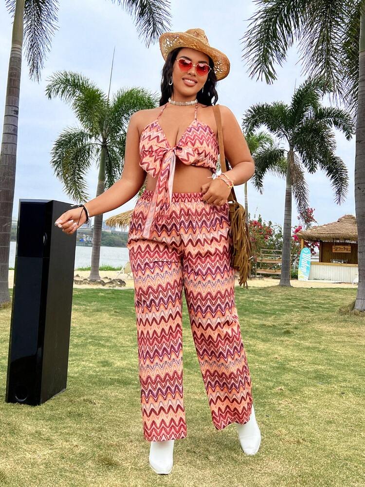 Plus Size Women's Wave Stripe Print Tie Front Halter Neck Tank Top And High Waisted Wide Leg Pants Set