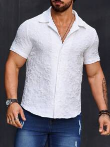 Manfinity Homme Áo sơ mi nam ngắn tay đơn có khuy Jacquard, kiểu dáng ôm vừa vặn toàn màu trắng cho chồng thường ngày - trắng - Xem 3