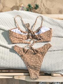 SHEIN Swim Women's Solid Color Back Cross Separated Bikini Set Summer Beach - Khaki - View 6