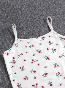 SHEIN Leap Crew Tween Girls' Casual Knit Floral Print Cami Pajama Set - Black - View 8