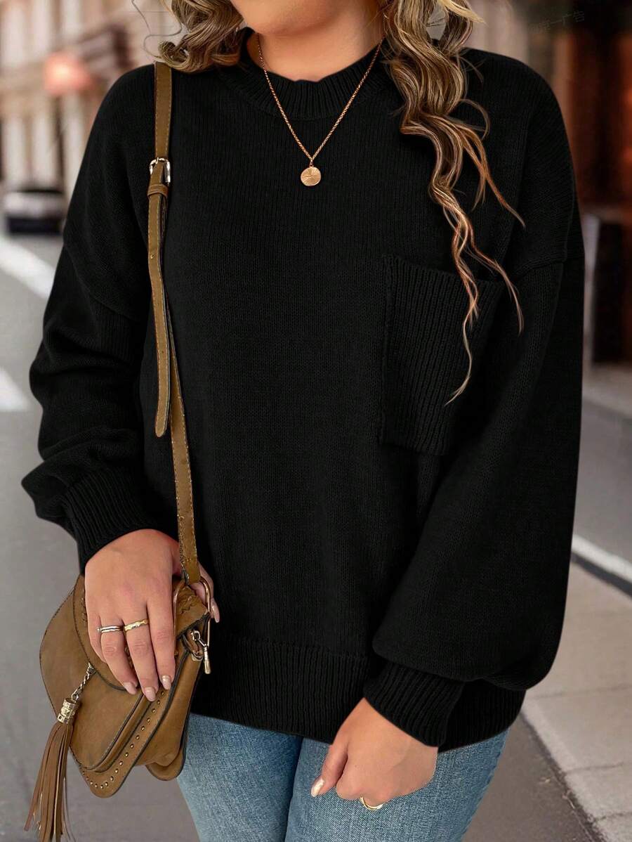 SHEIN LUNE 加码落肩口袋拼接毛衣，适合冬季和秋季穿着的针织套头衫 - 黑色 - 查看 1