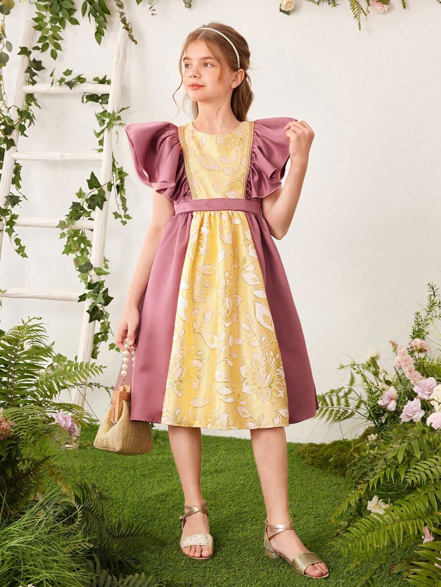SHEIN Vestido de jacquard tejido para niña adolescente con bordado de parches de diferentes colores y volantes en el dobladillo, con cintura elástica - Rosa vieja - Ver 1