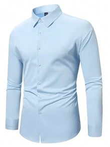 Manfinity Mode Men's Solid Color Long Sleeve Shirt With Embroidered Cuffs - Baby Blue - View 5