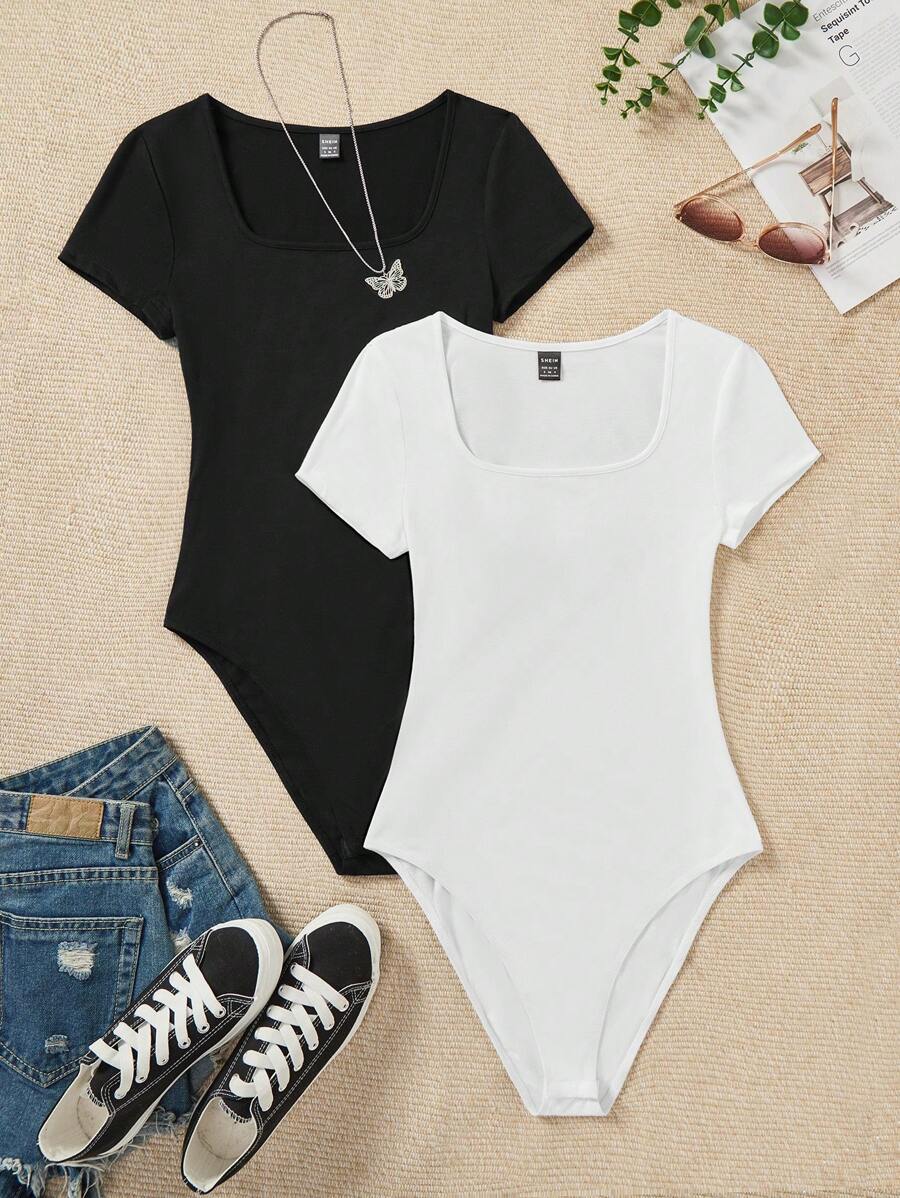 SHEIN EZwear 2pcs Set Women's Casual Minimalist Short Sleeve Bodysuit