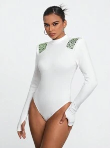 FABIOLA Designer Glittery Sparkle Sequined Wide Strap Backless Bodysuit, For Holiday, Festival - White - View 3