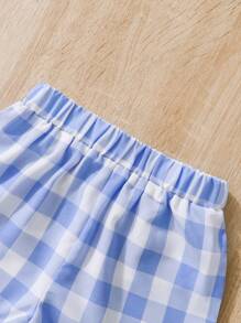 SHEIN Young Girl Countryside Style Blue & White Plaid Ruffled Strap Top With Shorts 2pcs Set Suitable For Summer - Multicolor - View 5