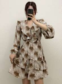 DAZY Vestido de mujer con mangas farol y estampado floral, cuello con volantes, vestidos casuales de mujer, vestido largo de manga larga para otoño