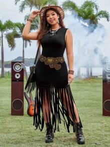 Flirla 大码女式无袖连衣裙，带流苏下摆和拼布设计，超长女装 - 黑色 - 查看 1