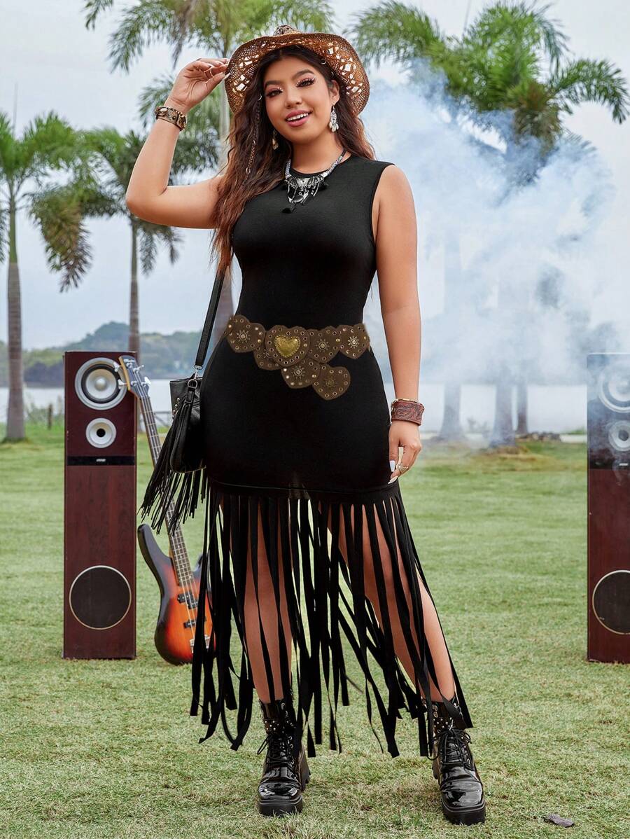 Flirla 大码女式无袖连衣裙，带流苏下摆和拼布设计，超长女装 - 黑色 - 查看 1