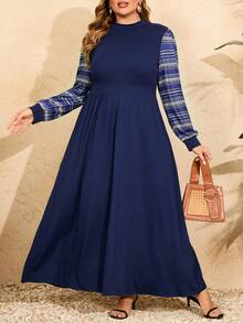 Mulvari 加大尺碼女士立領幾何印花長袖連衣裙,拼接設計 - 藏蓝色 - 查看 5