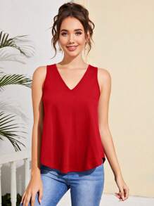 SHEIN Essnce Áo ba lỗ dệt kim cổ chữ V trơn dành cho nữ - Đỏ - Xem 3