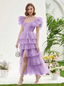 Enchnt 女士多層荷葉邊網紗浪漫風格連衣裙