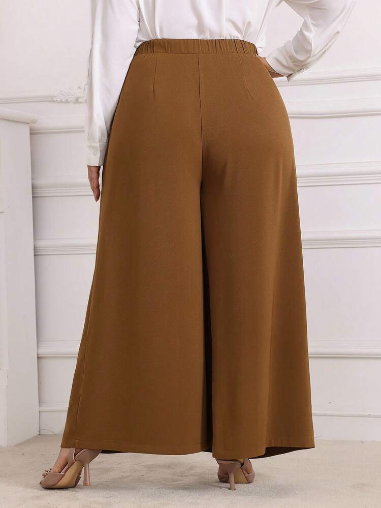 Plus Size Solid Color Pleated Wide Leg Pants
