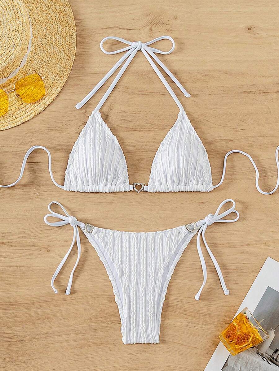 Solid Color Textured Bikini Set Summer Beach - White - View 1