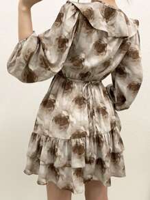 DAZY Vestido de mujer con mangas farol y estampado floral, cuello con volantes, vestidos casuales de mujer, vestido largo de manga larga para otoño