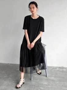 FRIFUL Ladies' Black Meshed Splicing Mesh Dress - Black - View 1