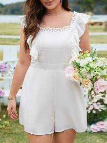 SHEIN Clasi Monos De Talla Grande En unicolor, Cuello Cuadrado Con Encaje Y Adornado Con Volantes - Blanco - Ver 4