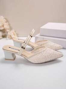 Women's High-Heeled Shoes: 5cm Chunky Heels, Comfortable Pointed-Toe Sandals, Mesh Breathable Dual-Purpose Shoes - Beige - View 6