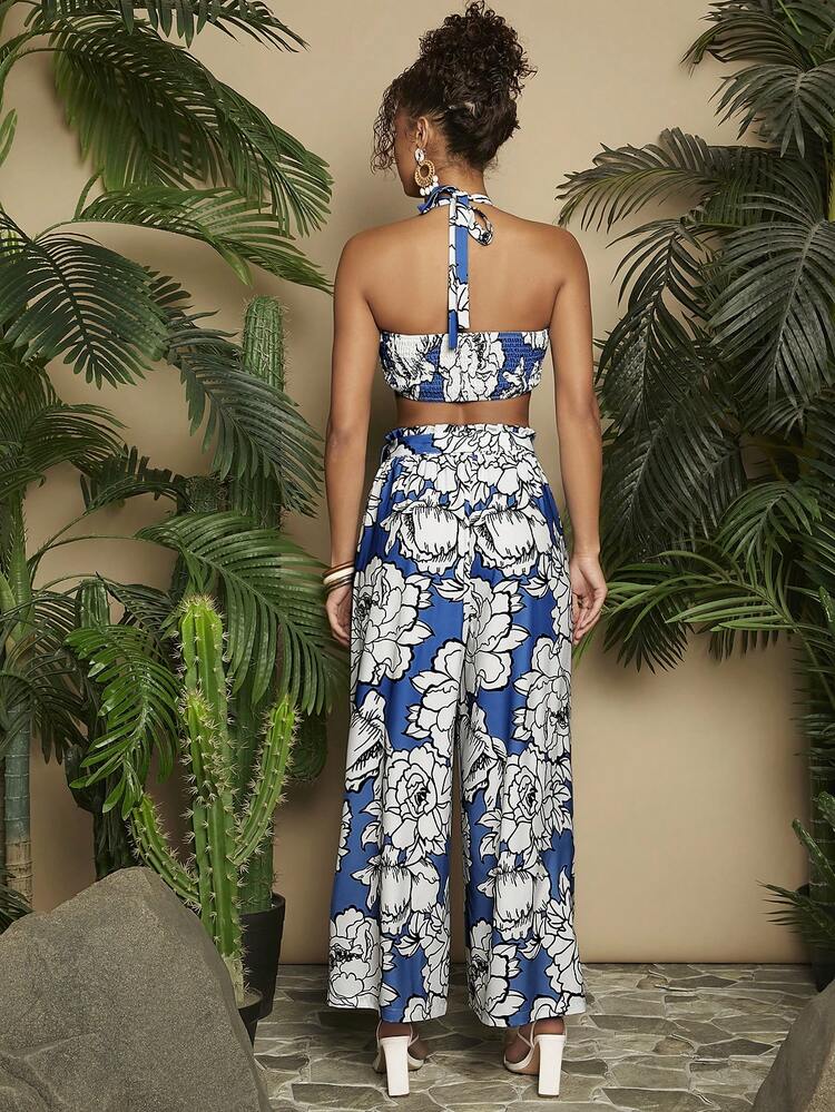 Music Festival Floral Print Vacation Halter Top &Wide Leg Pants